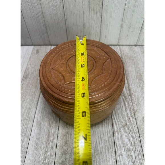 Vintage Leatherbound Decorative Symbols Storage Trinket Box 5" Diameter with Lid - Picture 10 of 12